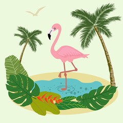 Flamingo bird with tropical flowers and wild tropical leaves hand drawn vector illustration