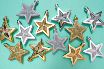 Close up of golden and silver christmas stars