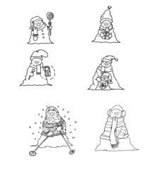 Set di pupazzi di neve da colorare, illustrazione isolata su sfondo bianco