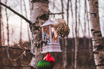 Birch in the garden decorated with Christmas ornaments. Christmas lights and decorations. Winter holidays. New Year 2022 in Russia. Festive background