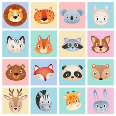 Cute animals head in a multicolored tiles collection