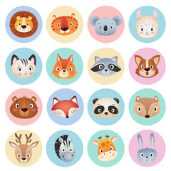 Cute animals head in a circle collection, on white Background