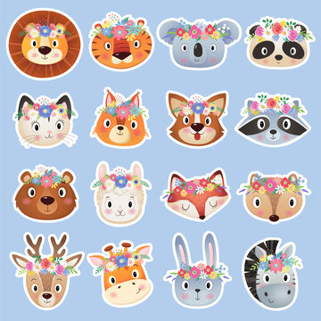 Cute summer and Spring animals head sticker collection, flower wreath on blue Background