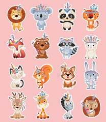 Cute brave ethnic Indians animals with feathers sticker collection on pink Background