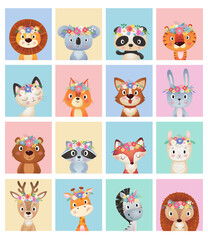 Cute summer and Spring animals head in a multicolored tiles collection , flower wreath on white Background