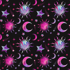 celestial seamless pattern with sun moon, stars and comets,