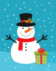 Christmas card with snowman. Merry Christmas vector illustration.