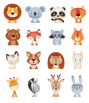 Cute animals head waist-high collection, on white Background
