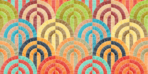 Seamless embroidered pattern. Wavy bohemian print. Patchwork ornament. Vector illustration.
