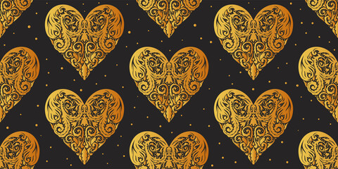 seamless pattern with gold openwork hearts, valentines day background - obrazy, fototapety, plakaty
