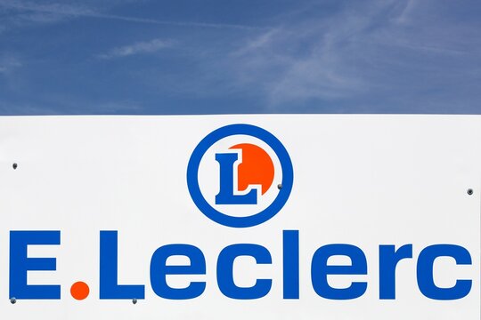 Macon, France - June 3, 2021: Leclerc logo on a facade. Leclerc is a french hypermarket chain. Leclerc currently has more than 500 locations in France and more than 110 stores in Europe 