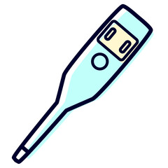 Simple icon with a blue electronic thermometer on a white background. A device for measuring body temperature in high heat. Vector illustration with line medical thermometer icon.