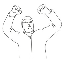 Indignant guy with raised fists up in a continuous line on white isolate. Vector illustration of street protest movements. A disgruntled man yelling angrily.