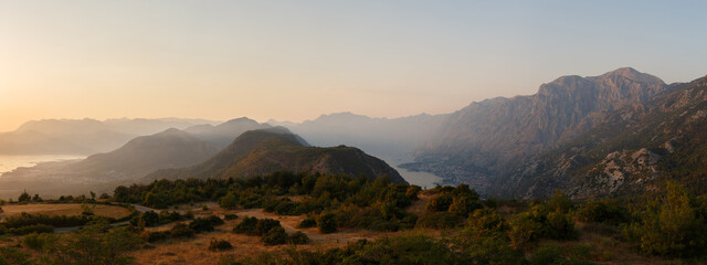 Mountain range over the Bay of Kotor at dusk. Montenegro