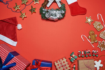 Winter holiday set of items on red background