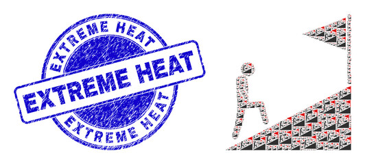 Vector goal climbing icon mosaic is organized from repeating self goal climbing pictograms. Extreme Heat corroded blue round stamp. Recursive mosaic of goal climbing icon.