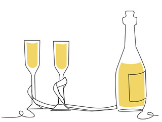 Festive illustration with glasses and a bottle of champagne in one line with yellow spots. An alcoholic drink for a romantic evening. Vector illustration with New Year's table. For postcard, banner.