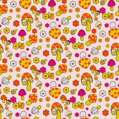 seamless pattern with bright fly agaric, psy art, vector