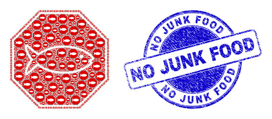 Vector fish danger octagon icon composition is done from random recursive fish danger octagon icons. No Junk Food dirty blue round seal. Recursive collage from fish danger octagon icon.