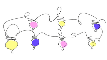 Doodle illustration with multi-colored garland one line. Black linear accounts with light bulbs in orange, yellow and purple colors. Vector illustration for the design of cards for Christmas.