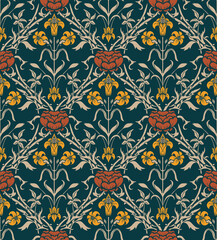 seamless pattern with bright flowers in Victorian style, vintage