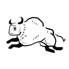 Rock art. Drawing of a bull or ox. Primitive tribal cartoon. Running animal