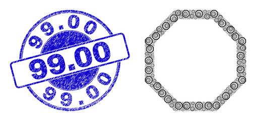 Vector empty octagon icon composition is constructed of scattered recursive empty octagon items. 99.00 grunge blue round stamp. Recursive combination of empty octagon icon.