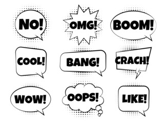 Retro comic speech balloons. Text NO, OMG, BOOM, COOL, BANG, CRACH, WOW, OOPS, LIKE.
