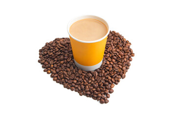 A yellow paper cup of coffee among coffee beans folded in the shape of a heart, on a white isolated background. The concept of love for coffee.