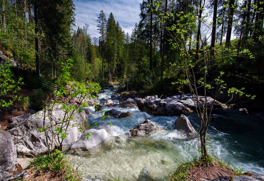 Vorfr&uuml;hlingsstimmung an einem Bergbach in den bayerischen Alpen mit Blick auf wildes Schmelzwasser in einer Waldlandschaft in der Morgensonne 