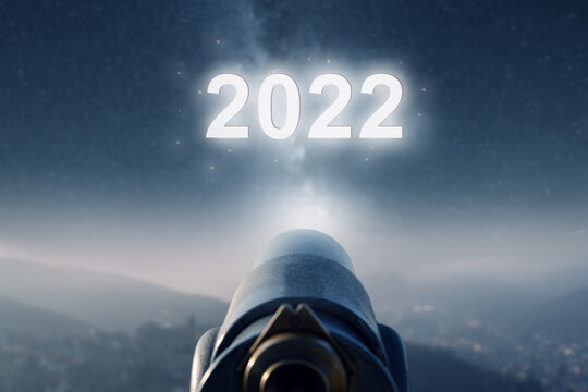 Blick in das neue Jahr 2022 mit dem Fernglas in den Sternen Nachthimmel	
