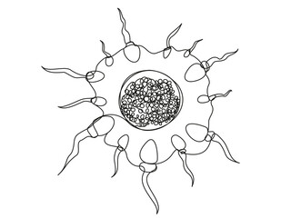 Many sperm cells around the egg drawn in one line on a white background. Concept of pregnancy, contraception, family planning.