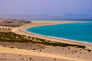 Aerial view of Sotavento beach with sailboats during the World Championship on the Canary Island of Fuerteventura.