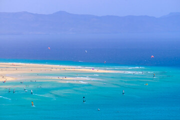 Aerial view of Sotavento beach with sailboats during the World Championship on the Canary Island of...