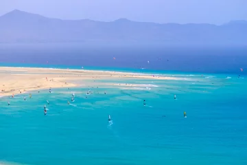 Foto op Plexiglas Sotavento Beach, Fuerteventura, Canarische Eilanden Aerial view of Sotavento beach with sailboats during the World Championship on the Canary Island of Fuerteventura.