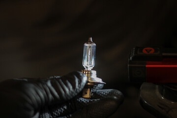 Halogen light bulb H4 above the black car. A professional worker changes the new halogen lamps of...