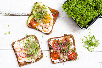 Varied breakfast, appetizer wholegrain bread sandwiches, toasters with cream cheese, radish, avocado, tomatoes, shrimp, egg, micro greens on a light background, top view