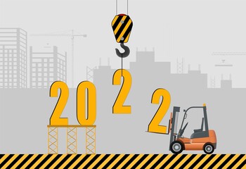 Happy New Year and Merry Christmas concept. Installation of 2022 against the backdrop of a construction site. Vector illustration.