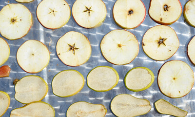 the process of drying apples and pears. harvesting of dried fruits for the winter
