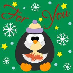 Christmas greeting postcard with character Penguin with gingerbread