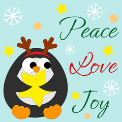 Christmas greeting postcard with character Penguin with star