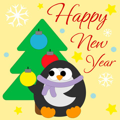 Christmas greeting postcard with character Penguin and Christmas tree
