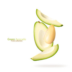 Cutting green avocado Zutano flying isolated on white background.