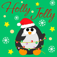 Christmas greeting postcard with character Penguin in garland