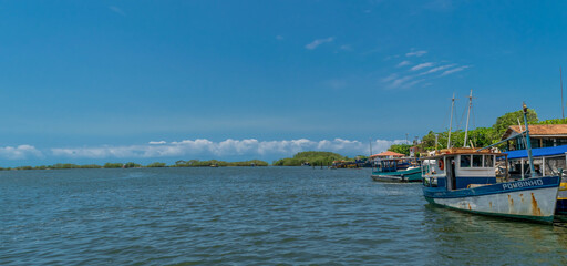 rio indo para o mar com muitos barcos e árvores em cabrália, Bahia