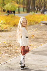 Portrait of a young beautiful and curly girl in an autumn park wearing a hat