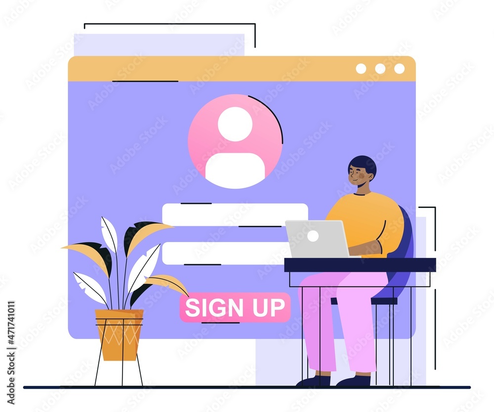 Poster concept of registration. man sits at laptop and goes through authorization process. login and passwo