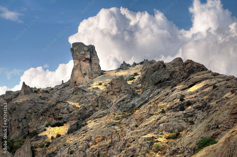 Wall mural Devil's Finger Rock, Eastern Crimea, Karadag. An unusual vertical rock called 