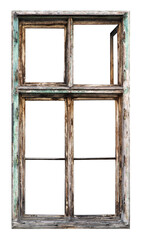 Old wooden window with six pane on white background