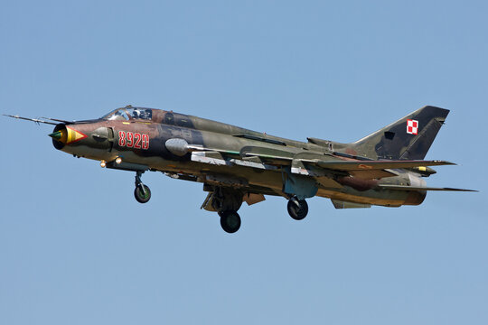Polish Air Force Sukhoi Su-22 Fitter landing on a sunny day in Zeltweg, Austria to attend the airshow Airpower 2019